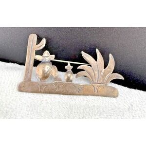 Vintage Mexican Sterling Silver Brooch Cowboy Cactus Southwestern Signed ROC